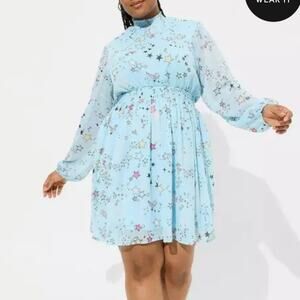 Torrid Mini Clipdot Blouson Sleeve Mock Neck Skater Dress